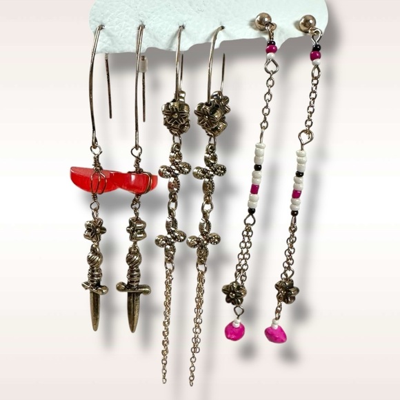 Free People Sirens Hoop Set Gold Hot Pink NWT Dangles Earrings Bohemian Daggers - Picture 6 of 12